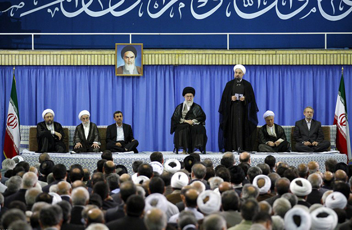 Newly elected President moderate cleric Hassan Rowhani giving a speech during his endorsment ceremony in the capital Tehran (AFP Photo / khamenei.ir)