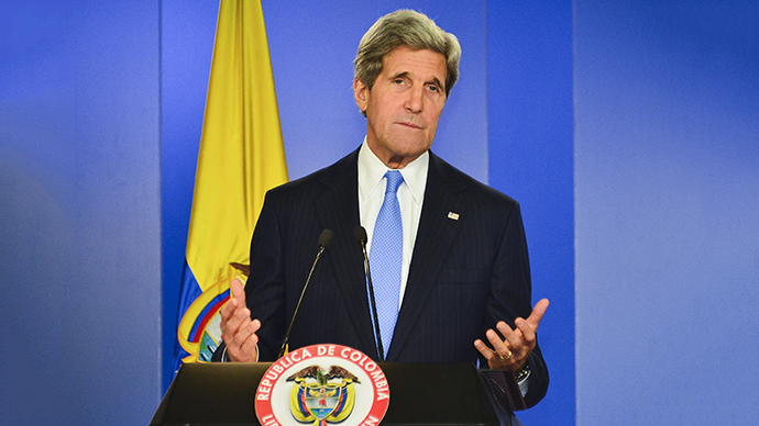 U.S. Secretary of State John Kerry offers a press conference at Narina Palace in Bogota on August 12, 2013 during his one-day official visit. (AFP Photo / Luis Acosta)