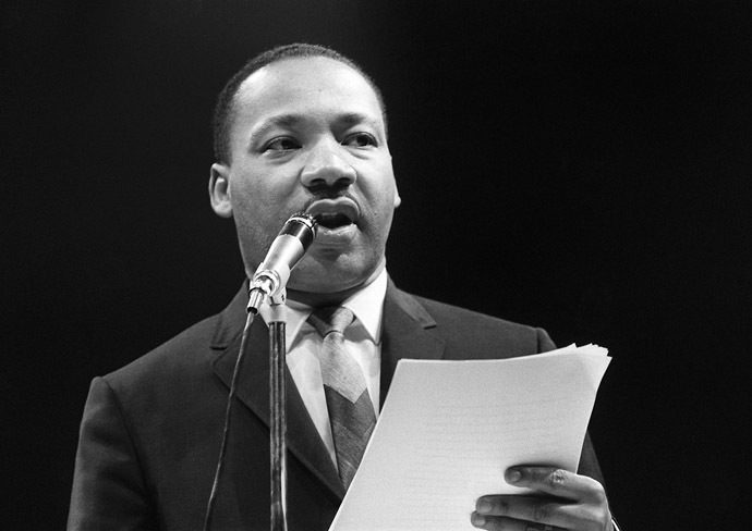 The US clergyman and civil rights leader Martin Luther King addresses, 29 March 1966 in Paris' Sport Palace the militants of the "Movement for the Peace". (AFP Photo)