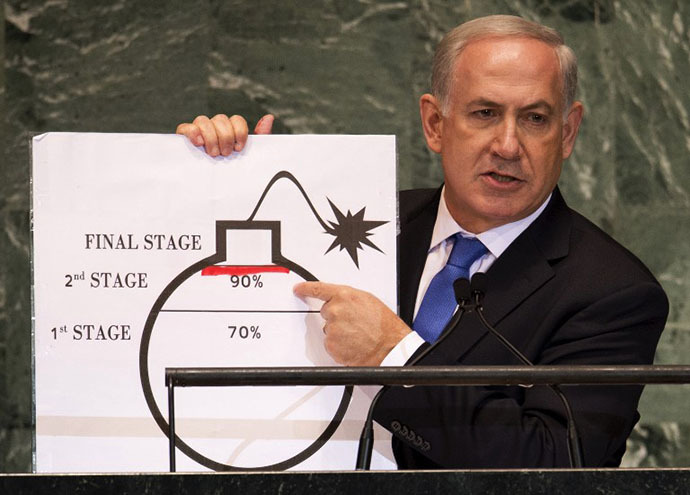 Benjamin Netanyahu, Prime Minister of Israel, uses a diagram of a bomb to describe Iran's nuclear program while delivering his address to the 67th United Nations General Assembly meeting September 27, 2012 at the United Nations in New York. (AFP Photo / Don Emmert)