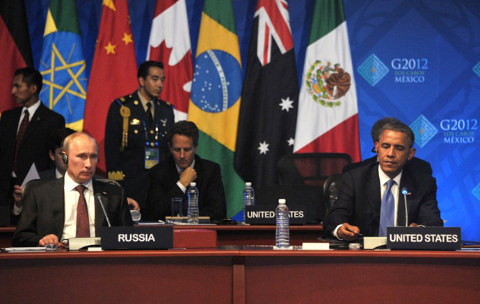 US President Barack Obama and his Russian counterpart Vladimir Putin (L) attend the G20 leaders Summit in Los Cabos, Mexico, on June 19, 2012. (AFP Photo / Alexei Nikolskiy)