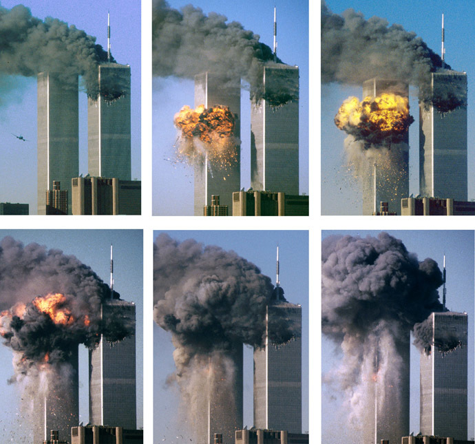 FILE PHOTO - This series of photographs shows hijacked United Airlines Flight 175 as it approaches (upper L) and impacts the World Trade Center's south tower (L), bursting into flames and raining a hail of debris on lower Manhattan September 11, 2001. (Reuters/Sean Adair)