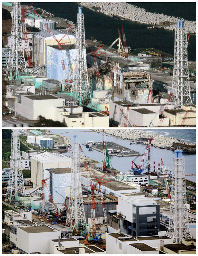 Tokyo Electric Power Company's (TEPCO) tsunami-crippled Fukushima Daiichi nuclear power plant in Fukushima prefecture is pictured in this combination photo taken December 15, 2011 (top), and September 6, 2013, released by Kyodo on September 7, 2013, ahead of the two-and-a-half-year anniversary of the March 11 earthquake and tsunami. Would-be 2020 Olympic cities of Madrid, Istanbul and Tokyo parade before the Games' organising body on September 7, 2013 in a "least ugly" contest as they attempt to conceal their blemishes and win the right to host the world's biggest sporting extravaganza. (Reuters/Kyodo)