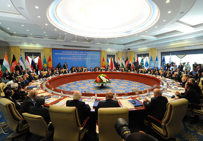 Russian President Vladimir Putin, back center, at an extended meeting of the Council of Heads of State of the Shanghai Cooperation Organisation (SCO) in Bishkek. (RIA Novosti/Michael Klimentyev)