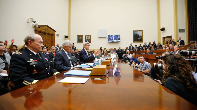 U.S. Secretary of State John Kerry (3rd L) testifies at a U.S. House Foreign Affairs Committee hearing on Syria, alongside U.S. Secretary of Defense Chuck Hagel and General Martin Dempsey (L), chairman of the Joint Chiefs of Staff, on Capitol Hill in Washington, September 4, 2013.(Reuters / Jason Reed)