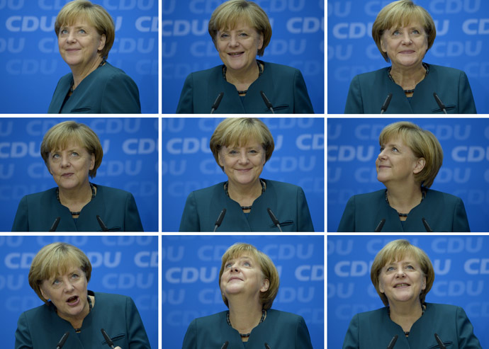 Combo of nine pictures shows German Chancellor and candidate for the Christian Democratic Union (CDU) Angela Merkel giving a press conference in Berlin on September 23, 2013 a day after the German general elections. (AFP Photo)