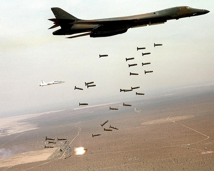 This file photo shows a B-1B Lancer dropping cluster bombs during a live fire exercise. (AFP Photo / USAF)