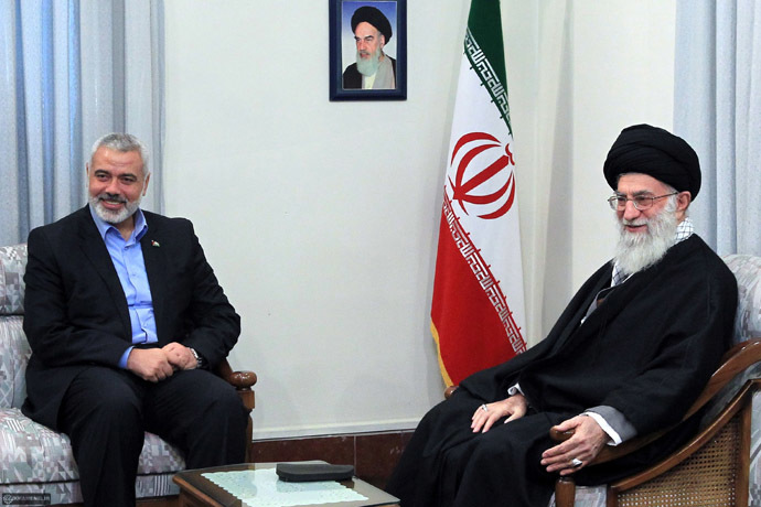 A handout photo provided by Iran's Supreme Leader's office shows Iranian supreme leader Ayatollah Ali Khamenei meeting with Ismail Haniya (L), Palestinian Hamas premier in the Gaza Strip, during a meeting in Tehran on February 12, 2012. (AFP Photo)