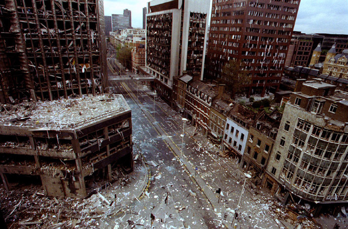 The bomb damaged blast area of the City of London after two bomb blasts ripped through the City of London April 24, 1993. (Reuters/Andre Camara AC)