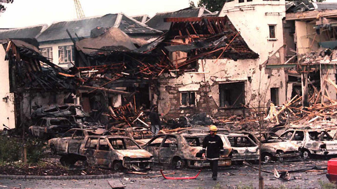 The remains of the Killyhelvin Hotel, Enniskillen, after a car bomb exploded the hotel, 14 July. It is the first bombing in Northern Ireland since the IRA ceasefire in 1994. Forty people were taken to hospital and many cars were wrecked. (AFP Photo)