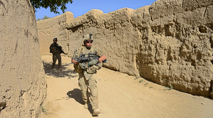 US Army soldiers from Headquarters Company, 173rd Special Troops Battalion attached to 1st Squadron (Airborne) ,91st U.S Cavalry Regiment, 173rd Airborne Brigade Combat Team operating under the International Security Assistance Force (ISAF) patrol near Baraki Barak base in Logar Province, on October 11, 2012. (AFP Photo / Munir Uz Zaman)