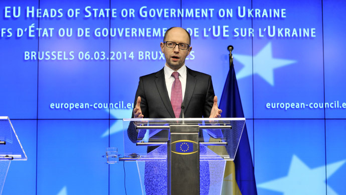 Ukrainian Prime Minister Arseniy Yatsenyuk speaks during a press conference following after talks with European Union heads of state and government on March 6,2014 at the EU Headquarters in Brussels. (AFP Photo / Georges Gobet) 