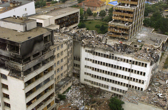 An aerial view taken 15 June 1999 of the Pristina central post office which was destoyed by NATO bombing. (AFP Photo/Reuters)