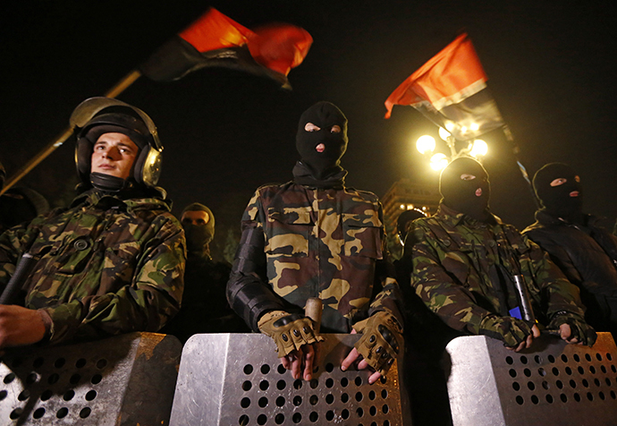 Activists of the Right Sector movement and their supporters gather outside the parliament building to demand the immediate resignation of Internal Affairs Minister Arsen Avakov, in Kiev March 27, 2014. (Reuters / Vasily Fedosenko)