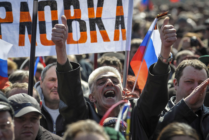 A man shouts during a pro-Russia rally near the regional government building in Donetsk April 6, 2014. (Reuters)