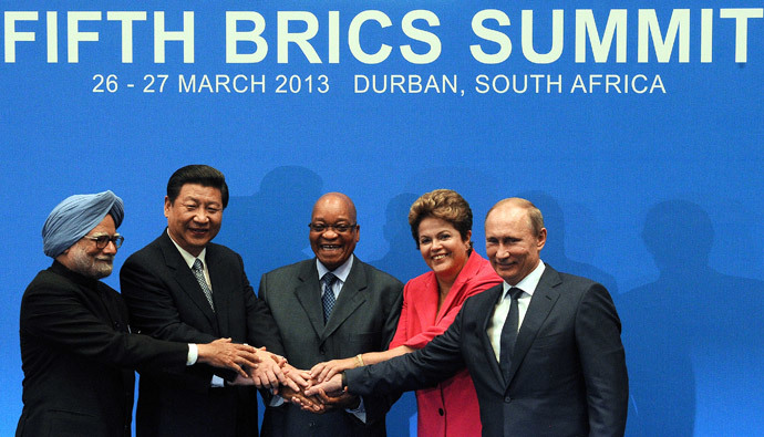BRICS leaders (From L) India Prime minister Manmohan Singh, President of the Peopleâs Republic of China Xi Jinping, South Africa's President Jacob Zuma, Brazil's President Dilma Rousseff and Russian Federation President Vladimir Putin, pose for a family photo in Durban on March 27, 2013.( AFP Photo / Alexander Joe )