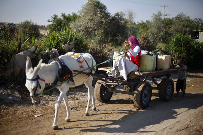 A Palestinian girl rides a donkey cart loaded with containers before filling them with water from public taps in Khan Younis in the southern Gaza Strip (Reuters/Ibraheem Abu Mustafa)