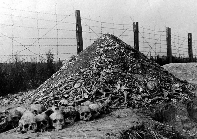 A pile of human bones and skulls is seen in 1944 at the Nazi concentration camp of Majdanek in the outskirts of Lublin. (AFP Photo)