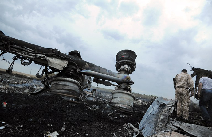 A man wearing military fatigues stands next to the wreckages of the malaysian airliner carrying 298 people from Amsterdam to Kuala Lumpur after it crashed, near the town of Shaktarsk, in rebel-held east Ukraine, on July 17, 2014. (AFP Photo / Dominique Faget)