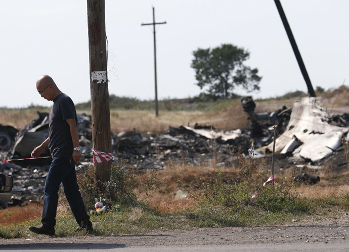 A Malaysian air crash investigator works at a crash site of the Malaysia Airlines Flight MH17 near the village of Hrabove (Grabovo), Donetsk region July 24, 2014. (Reuters/Maxim Zmeyev)