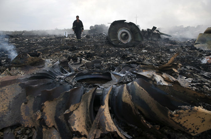 An Emergencies Ministry member walks at a site of a Malaysia Airlines Boeing 777 plane crash near the settlement of Grabovo in the Donetsk region, July 17, 2014. (Reuters/Maxim Zmeyev)