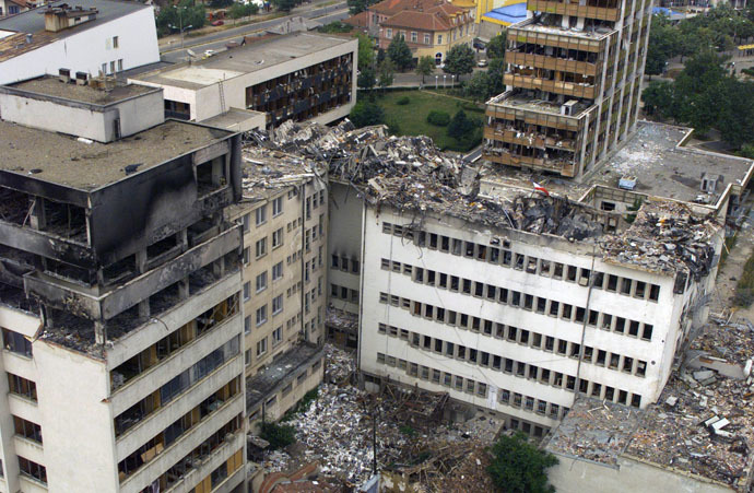 An ariel view of the Pristina PTT which was destoyed by NATO bombing, June 15, 1999 (Reuters)