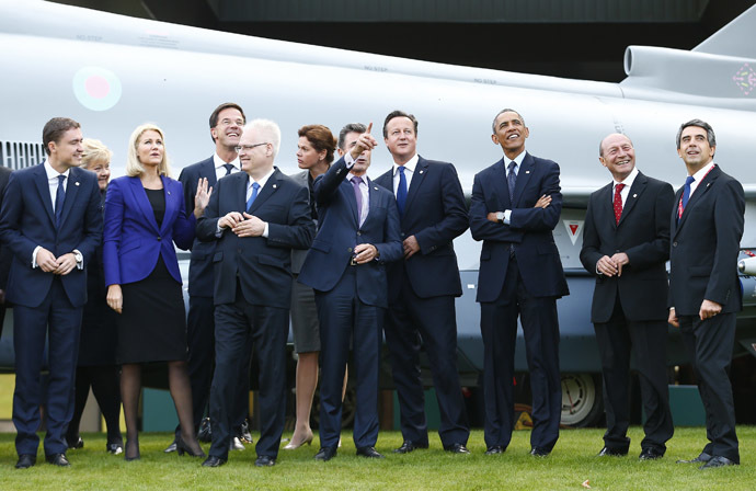 NATO leaders watch a fly-past during the NATO summit at the Celtic Manor resort, near Newport, in Wales September 5, 2014. (Reuters)