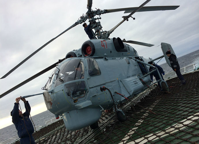 An anti-submarine KA-27 helicopter preparing for takeoff