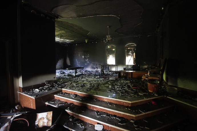 A picture shows damage inside the burnt US consulate building in Benghazi on September 13, 2012, following an attack on the building late on September 11 in which the US ambassador to Libya and three other US nationals were killed. (AFP Photo / Gianluigi Guercia)