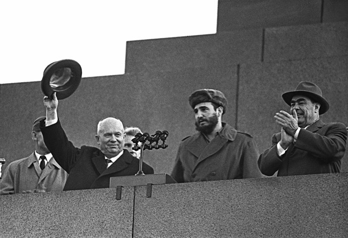 ikita Khrushchev, Chairman of the Council of Ministers of the USSR, left, Prime Minister of the Revolutionary government of the Republic of Cuba Fidel Castro, center, Chairman of the Presidium of the Supreme Soviet of the USSR Leonid Brezhniv onthe Lenin Mausoleum in Moscow at a meeting arranged on the occasion of the Cuban's leader visit to he USSR. (RIA Novosti/David Sholomovich)