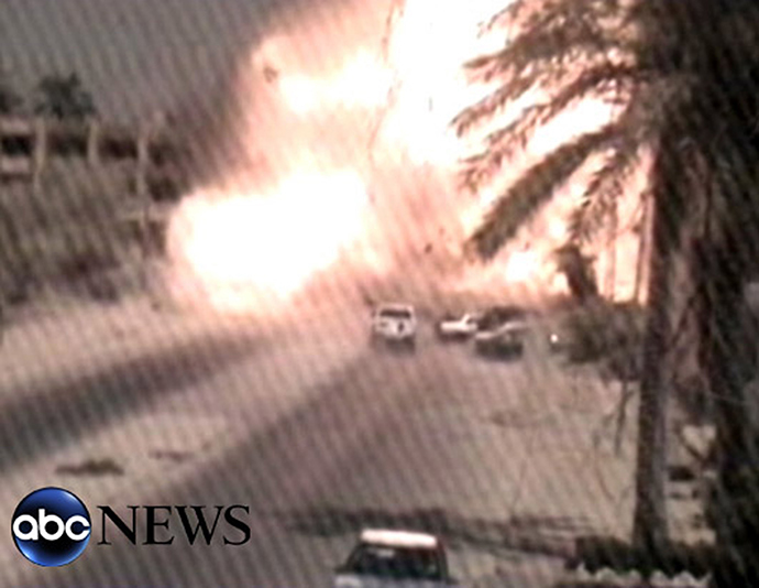 This video still from ABC News released 28 September 2007, shows a Blackwater Security convoy (C) escorting a US State Department official to a financial compound in western Baghdad 16 September 2007 as a car bomb explodes, ABC News reported (AFP Photo)