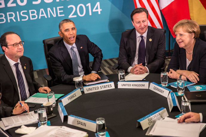 (L-R) French President Francois Hollande, US President Barack Obama, Britain's Prime Minister David Cameron and Germany's Chancellor Angela Merkel take part in a multi-lateral meeting on the sidelines of the G20 Summit in Brisbane on November 16, 2014.(AFP Photo / Glenn Hunt)