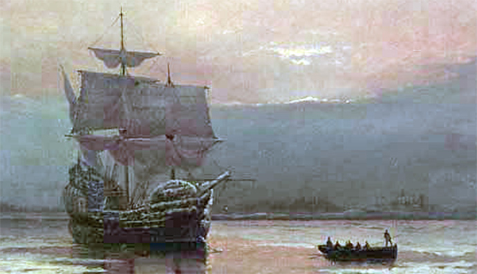 Mayflower in Plymouth Harbor by William Halsall (1882) (Image from wikipedia.org)