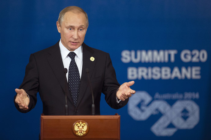 Russian President Vladimir Putin speaks to reporters at a press conference on the outcome of participation in the G20 Summit in Brisbane. (RIA Novosti/Sergey Guneev)