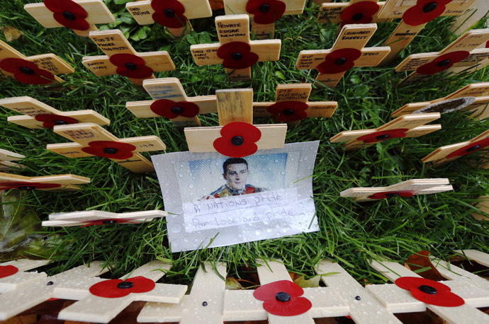 A photograph of Drummer (Private) Lee Rigby of the Royal Regiment of Fusiliers is pictured in the Field of Remembrance at Westminster Abbey in London November 9, 2013. (Reuters/Luke MacGregor)