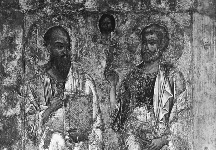 The icon "Apostles Peter and Paul," mid 11th century. The album "Icon Painting." Egg tempera on wood. Reproduction. (RIA Novosti/M. Filimonov)