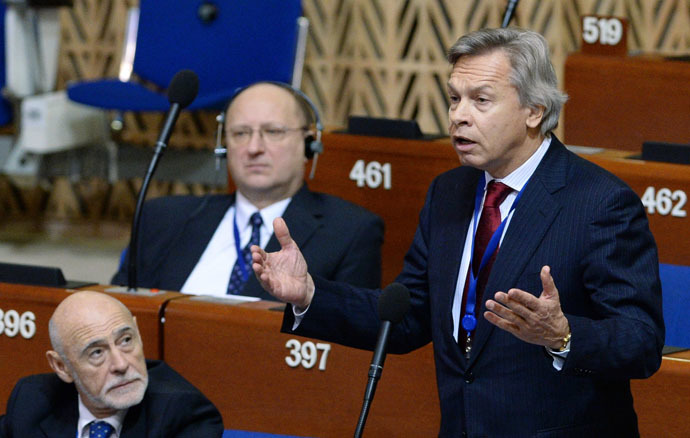 Alexei Pushkov, Chairman of the State Duma Committee on Foreign Affairs, speaks at a plenary meeting of the winter session of the Parliamentary Assembly Council of Europe (PACE). (RIA Novosti/Vladimir Fedorenko)