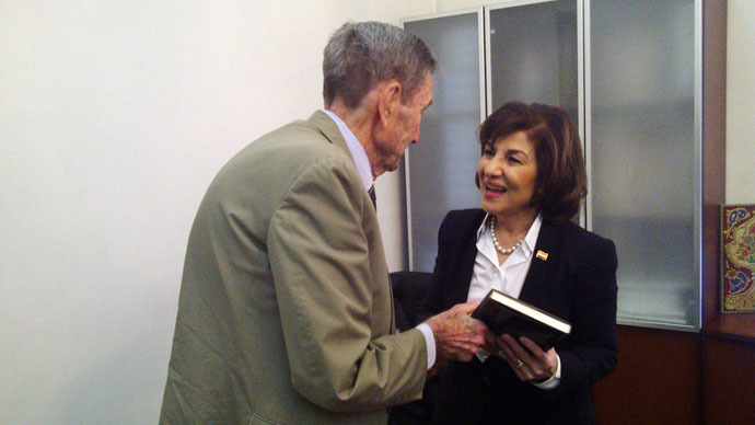 Presidential Adviser, Dr. Bouthaina Shaaban (R) with former Attorney-General Ramsey Clark (Photo by Eva Bartlett)