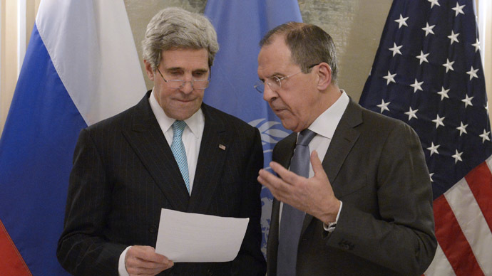 Russian Foreign Minister Sergei Lavrov, right, and U.S. Secretary of State John Kerry at their meeting during the 50th Munich Security Conference. (RIA Novosti/Eduard Pesov)