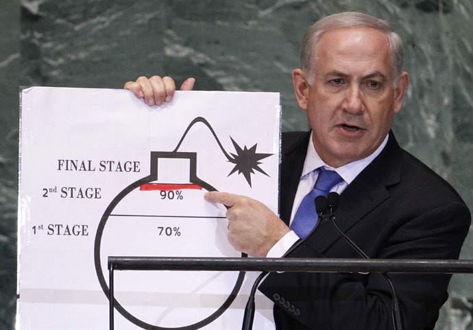 Israel's Prime Minister Benjamin Netanyahu points to a red line he drew on the graphic of a bomb used to represent Iran's nuclear program as he addresses the 67th United Nations General Assembly at the U.N. Headquarters in New York, September 27, 2012. (Reuters/Lucas Jackson)