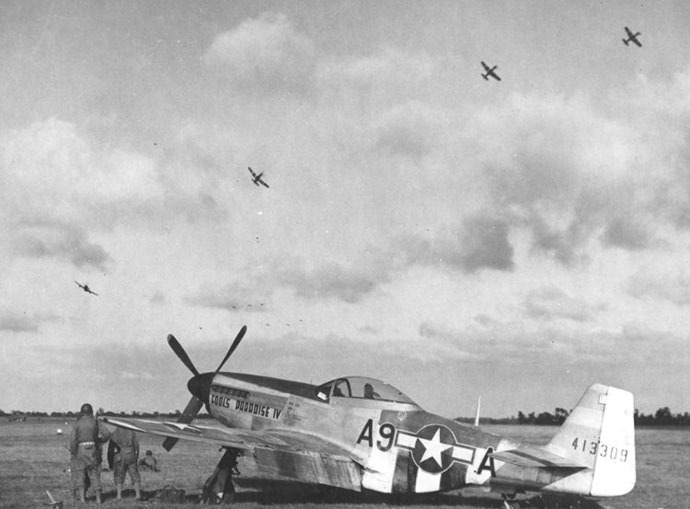 By 1944 Allied air power ruled the skies over France. P-51D Mustang 'Fools Paradise IV' fighter of 363rd Fighter Group, US 380th Fighter Squadron at Maupertus Airfield near Cherbourg, Normandy, France, Jul 4-12 1944 (US Government photo)