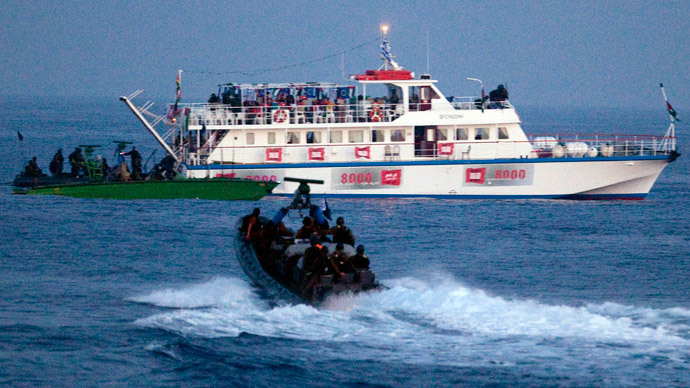 Israeli forces approach one of six ships bound for Gaza in the Mediterranean Sea May 31, 2010. (Reuters)