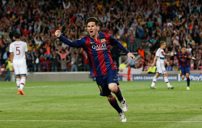 Barcelona's Lionel Messi celebrates scoring their first goal (Reuters / Gustau Nacarino)