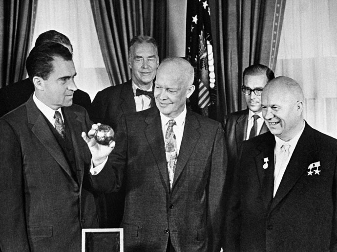 The Soviet Union's Communist Party leader, Prime Minister Nikita Khrushchev (left) and US Vice-President Richard Nixon (right) present at the ceremony of delivering a copy of the drop message, carried by the Soviet space rocket to the Moon, to US President Dwight Eisenhower (center). (RIA Novosti)