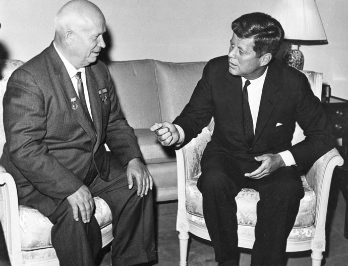 Former United States President John F. Kennedy (R) meets with Nikita Khrushchev, former chairman of the council of Ministers of the Soviet Union, at the U.S. Embassy residence in Vienna, Austria in this June 1961 handout image. (Reuters/Evelyn Lincoln/The White House/John F. Kennedy Presidential Library)