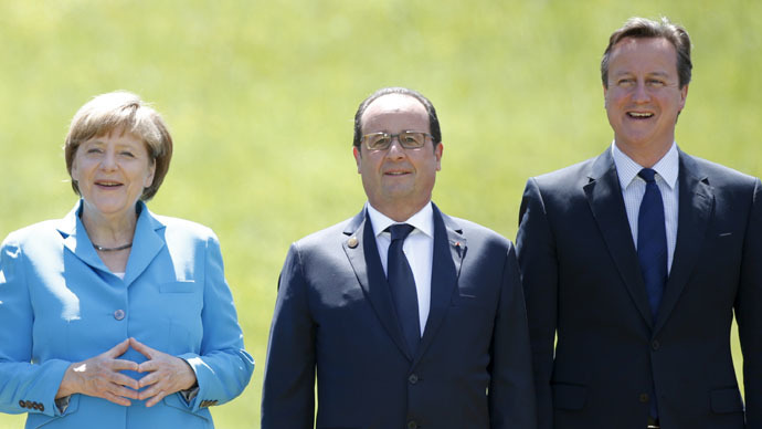 German Chancellor Angela Merkel, French President Francois Hollande and British Prime Minister David Cameron (Reuters/Christian Hartmann)