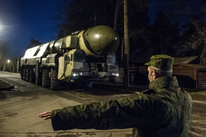 A Topol intercontinental ballistic missile launcher with a transport. (RIA Novosti / Ramil Sitdikov)