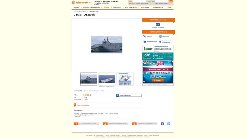 Les Mistral construits pour la Russie en vente... pour 1200 euros sur le Bon Coin