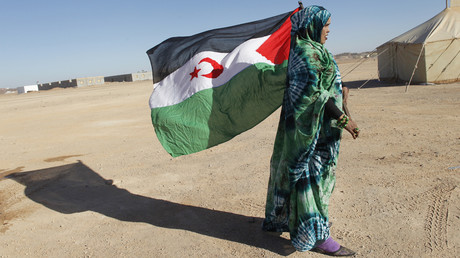 Une femme du Front Polisario brandit le drapeau du Sahara occidental lors de la cérémonie de commémoration des 35 années de l'existence de son mouvement à Tifariti au sud-ouest de l'Algérie, en 2011