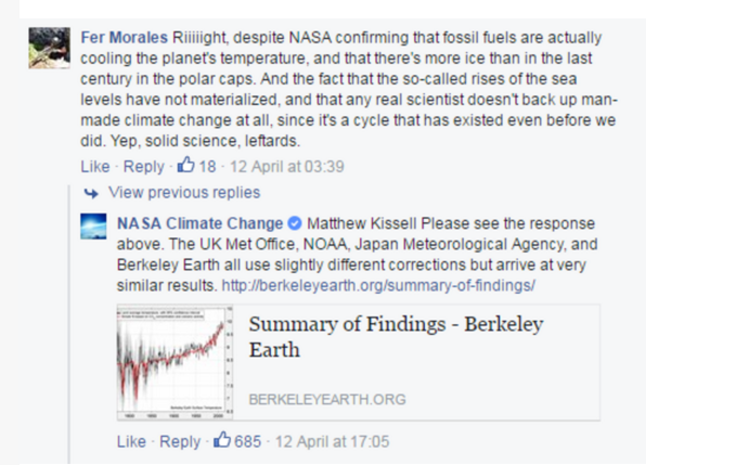 Sur Facebook, la Nasa part en guerre contre les climatosceptiques 